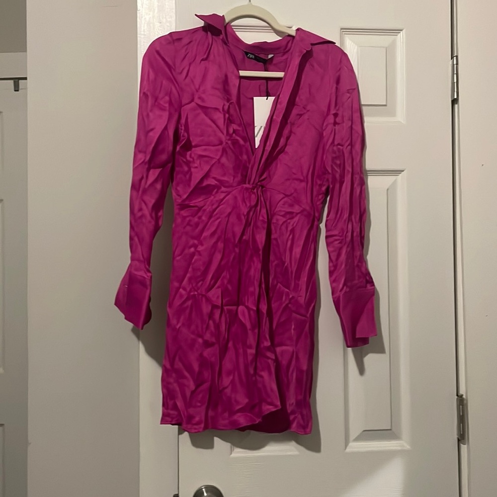 Pink zara long sleeve satin dress
